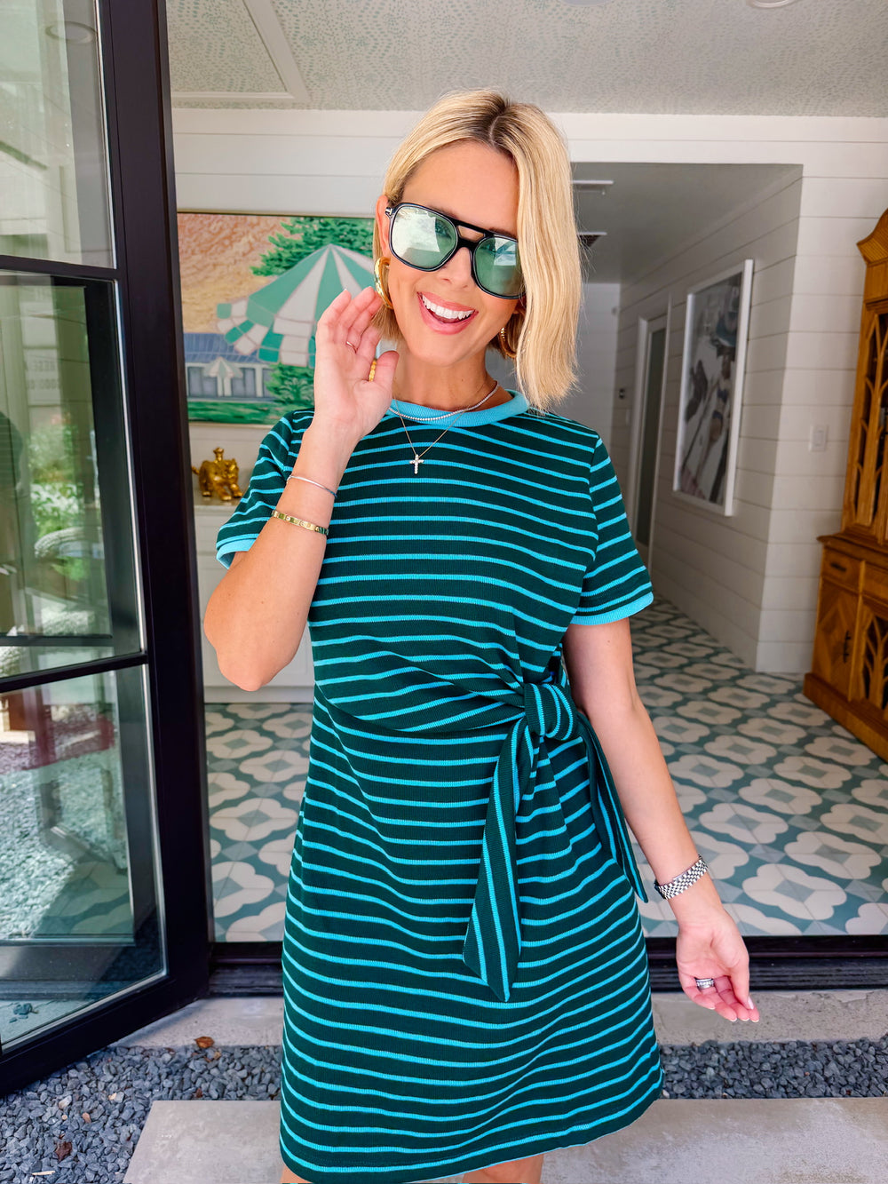 ADDISON STRIPE SIDE TIE DRESS - GREEN