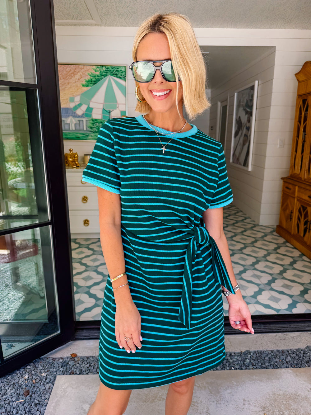 ADDISON STRIPE SIDE TIE DRESS - GREEN