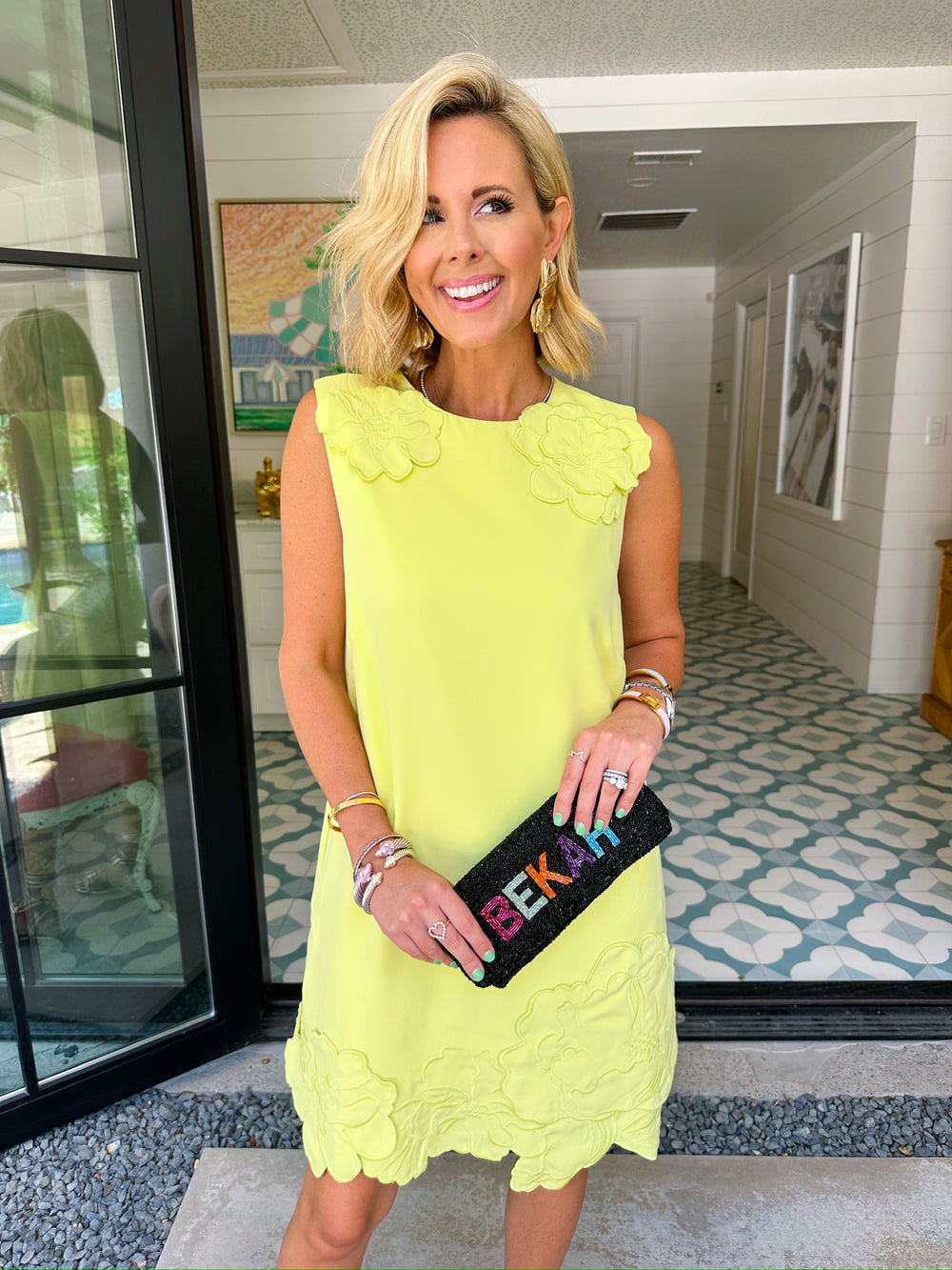 TRUE BLOOM EFFECT 3D FLORAL DRESS - CHARTREUSE