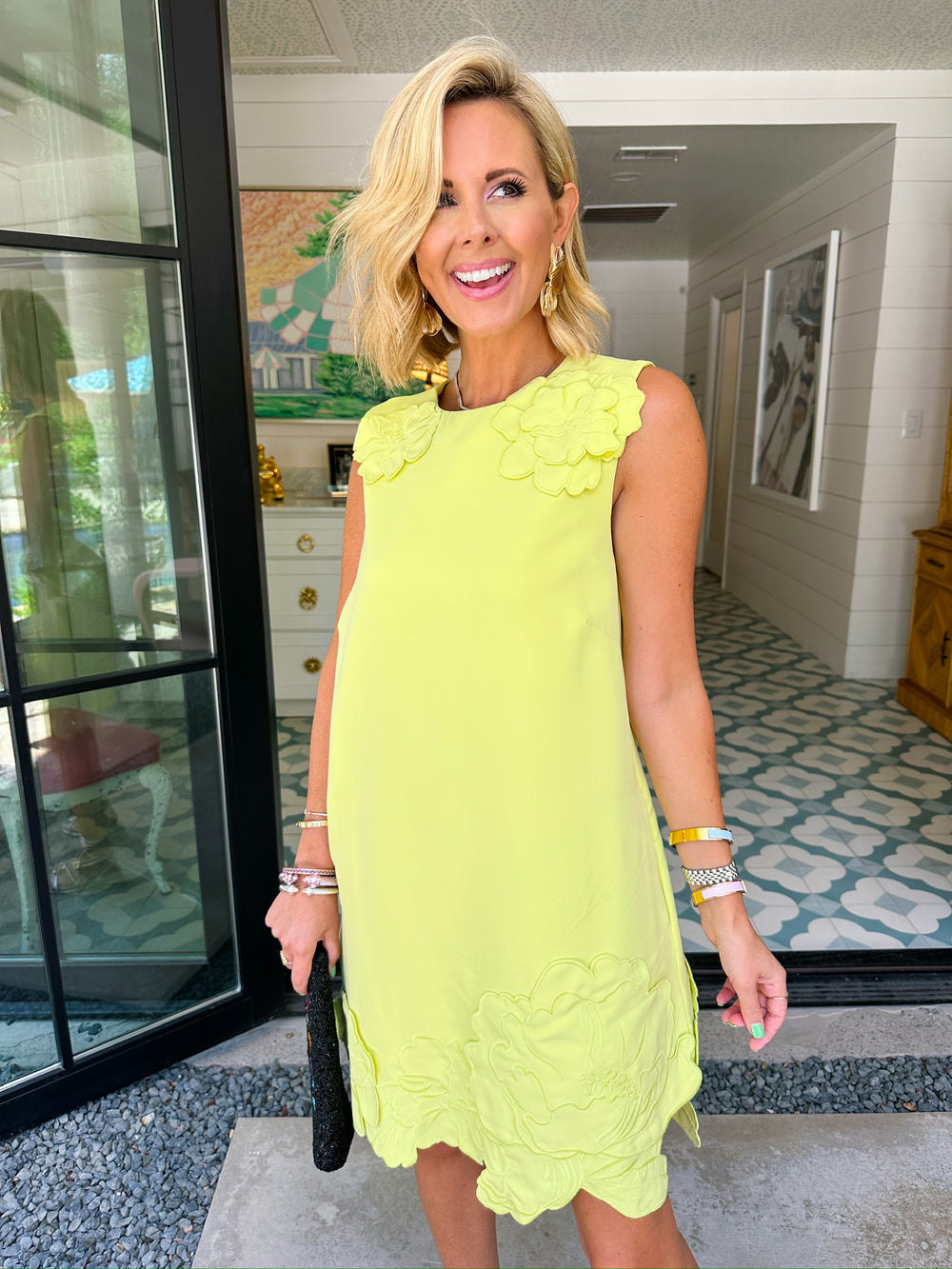 TRUE BLOOM EFFECT 3D FLORAL DRESS - CHARTREUSE