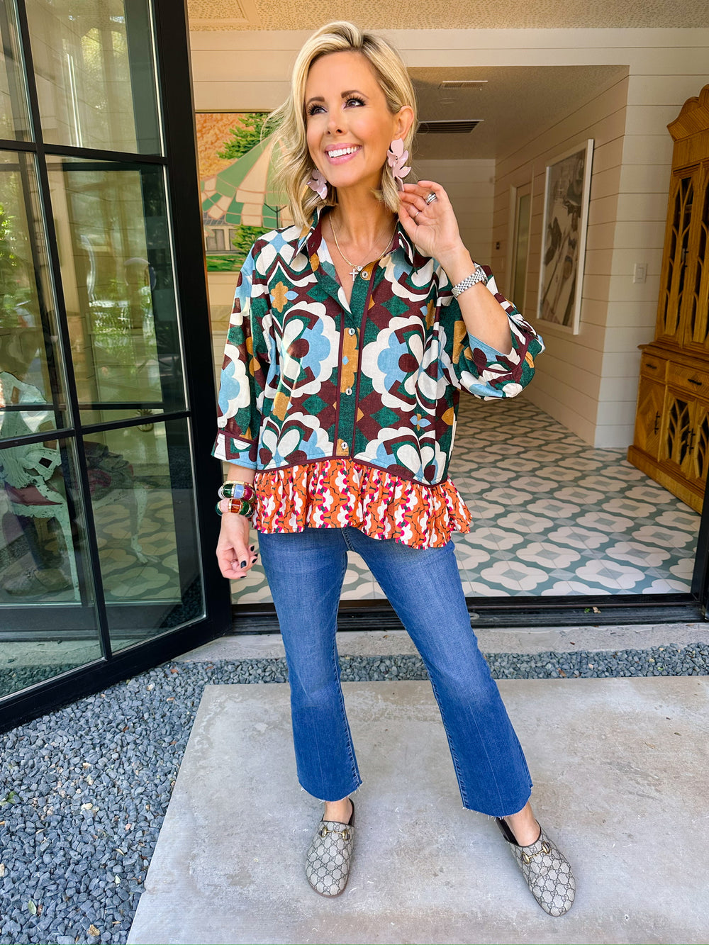 ROOM TO BLOOM BUTTON UP TOP - GREEN