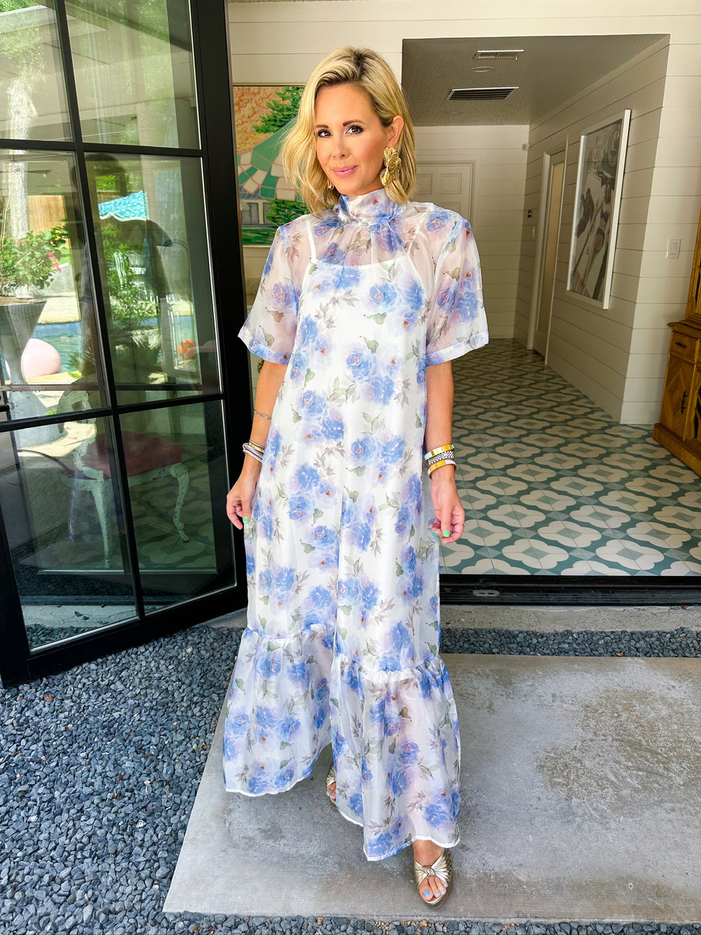 IN THE MOMENT ORGANZA SHEER DRESS - WHITE/BLUE