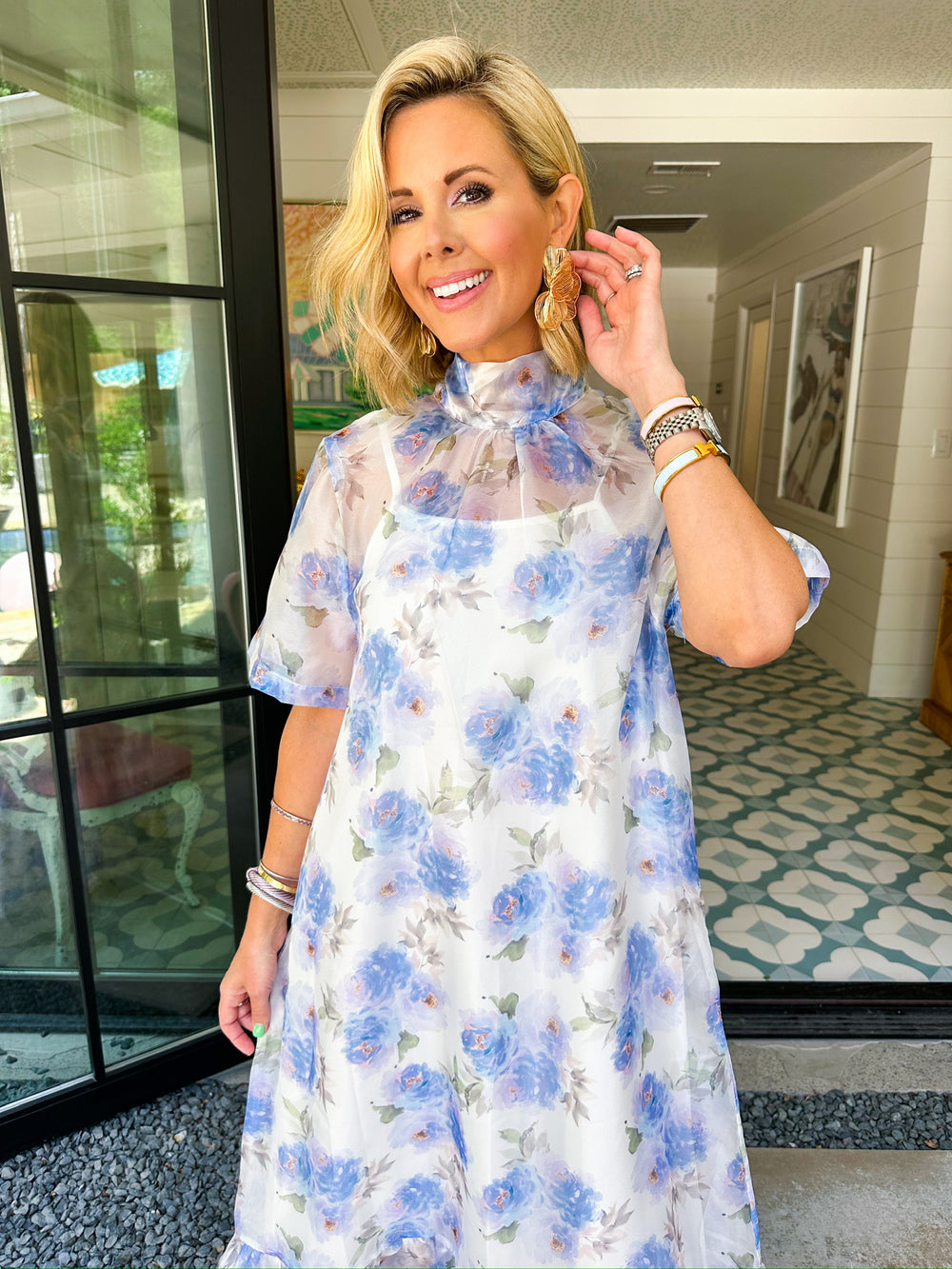 IN THE MOMENT ORGANZA SHEER DRESS - WHITE/BLUE