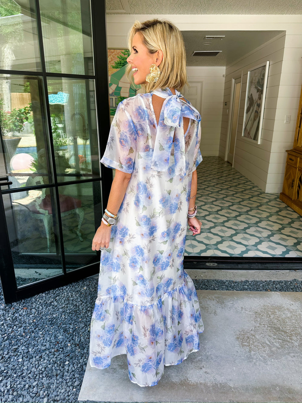 IN THE MOMENT ORGANZA SHEER DRESS - WHITE/BLUE