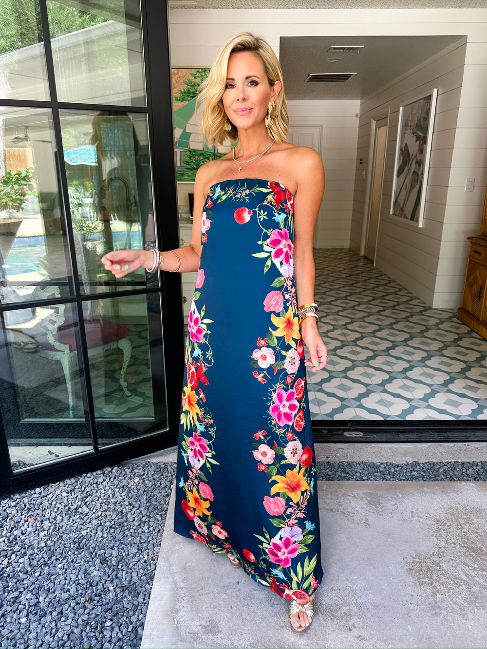 DESTINATION VACATION FLORAL VINE STRAPLESS DRESS - NAVY