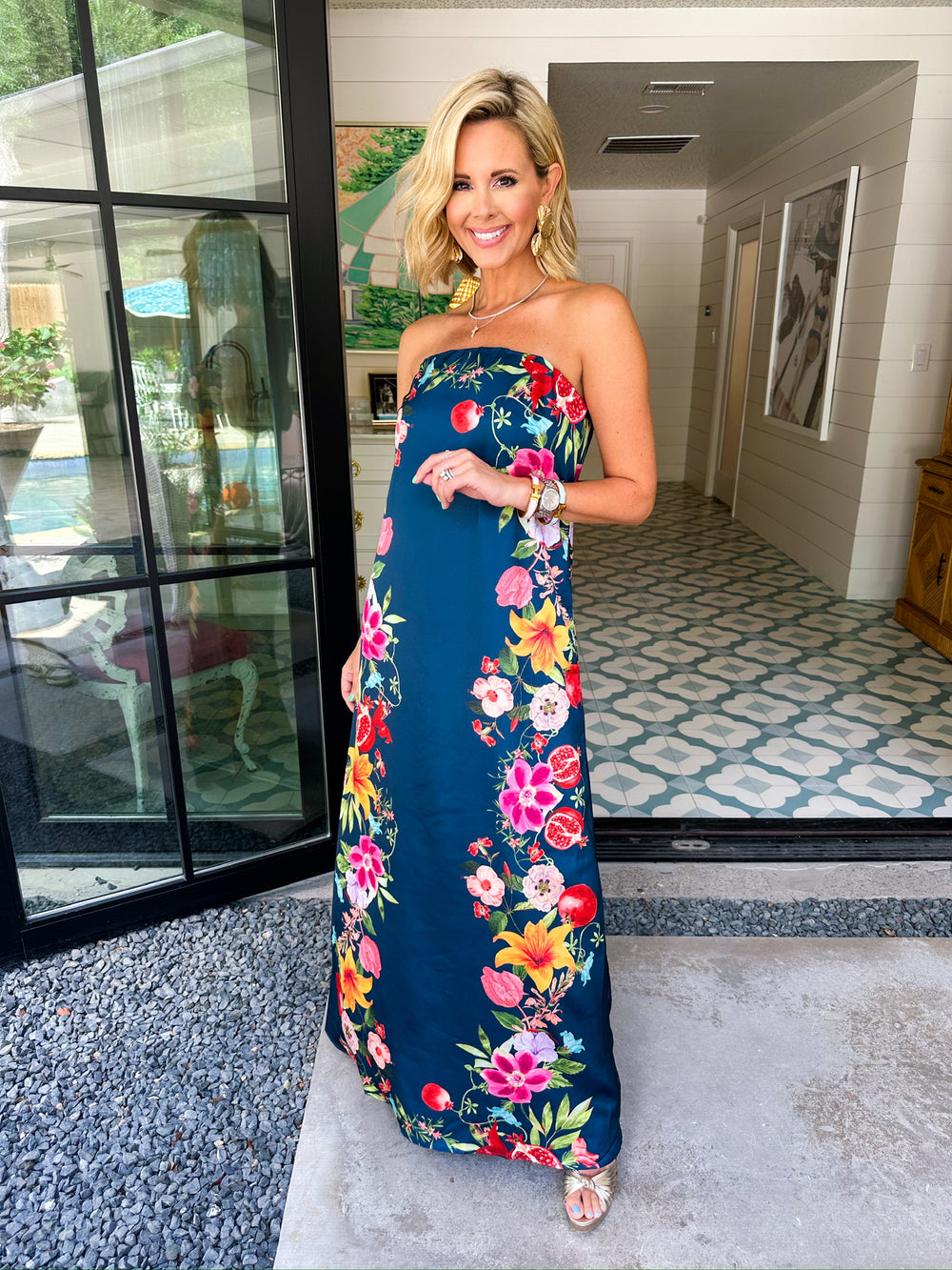 DESTINATION VACATION FLORAL VINE STRAPLESS DRESS - NAVY