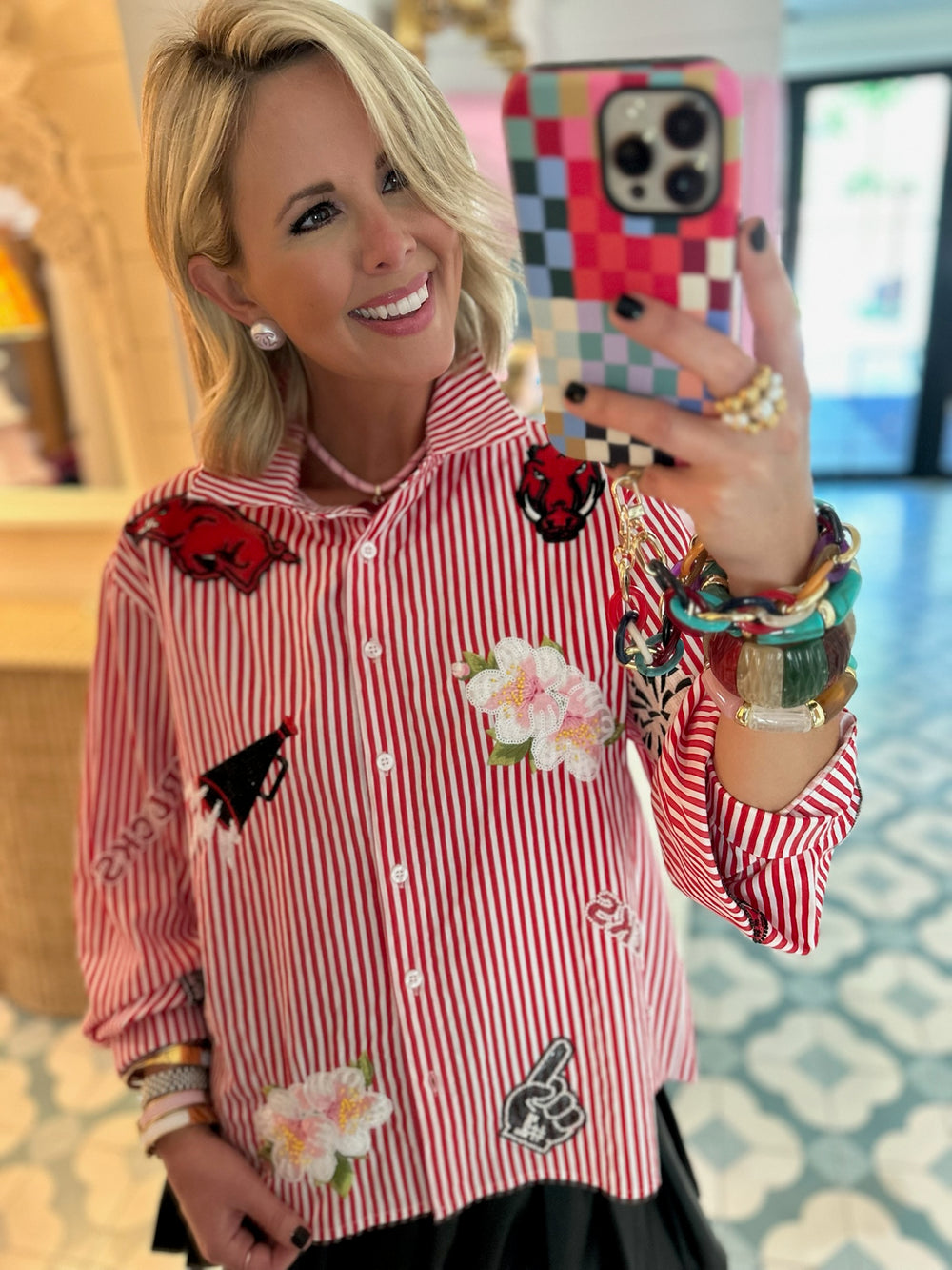 ARKANSAS ICON STRIPE BUTTON UP TOP - RED