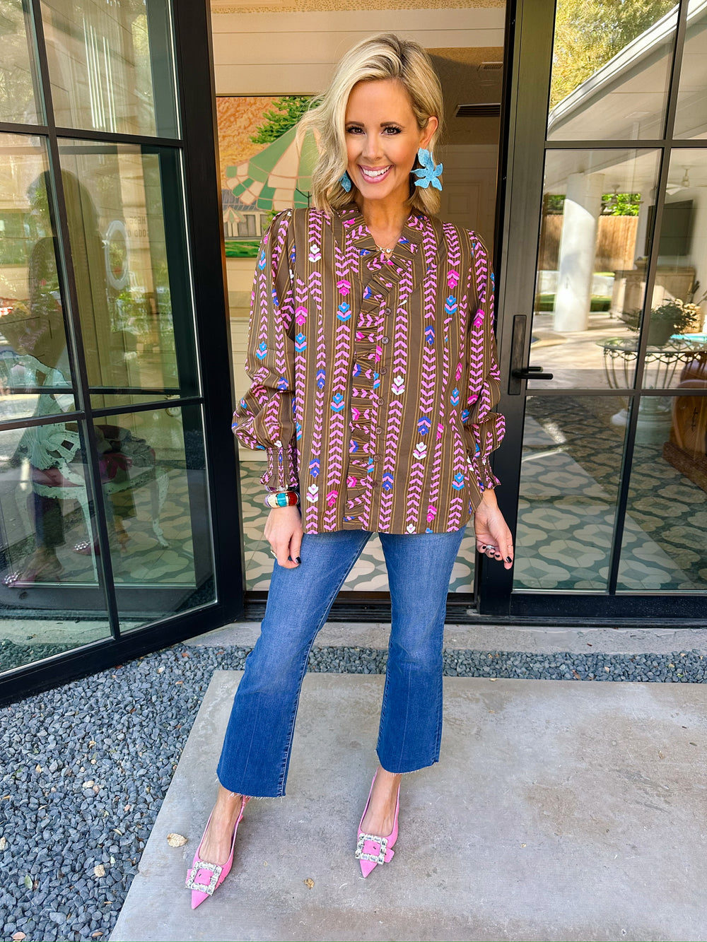 IN THE RIGHT DIRECTION FLORAL VINE LONG SLEEVE TOP - BROWN