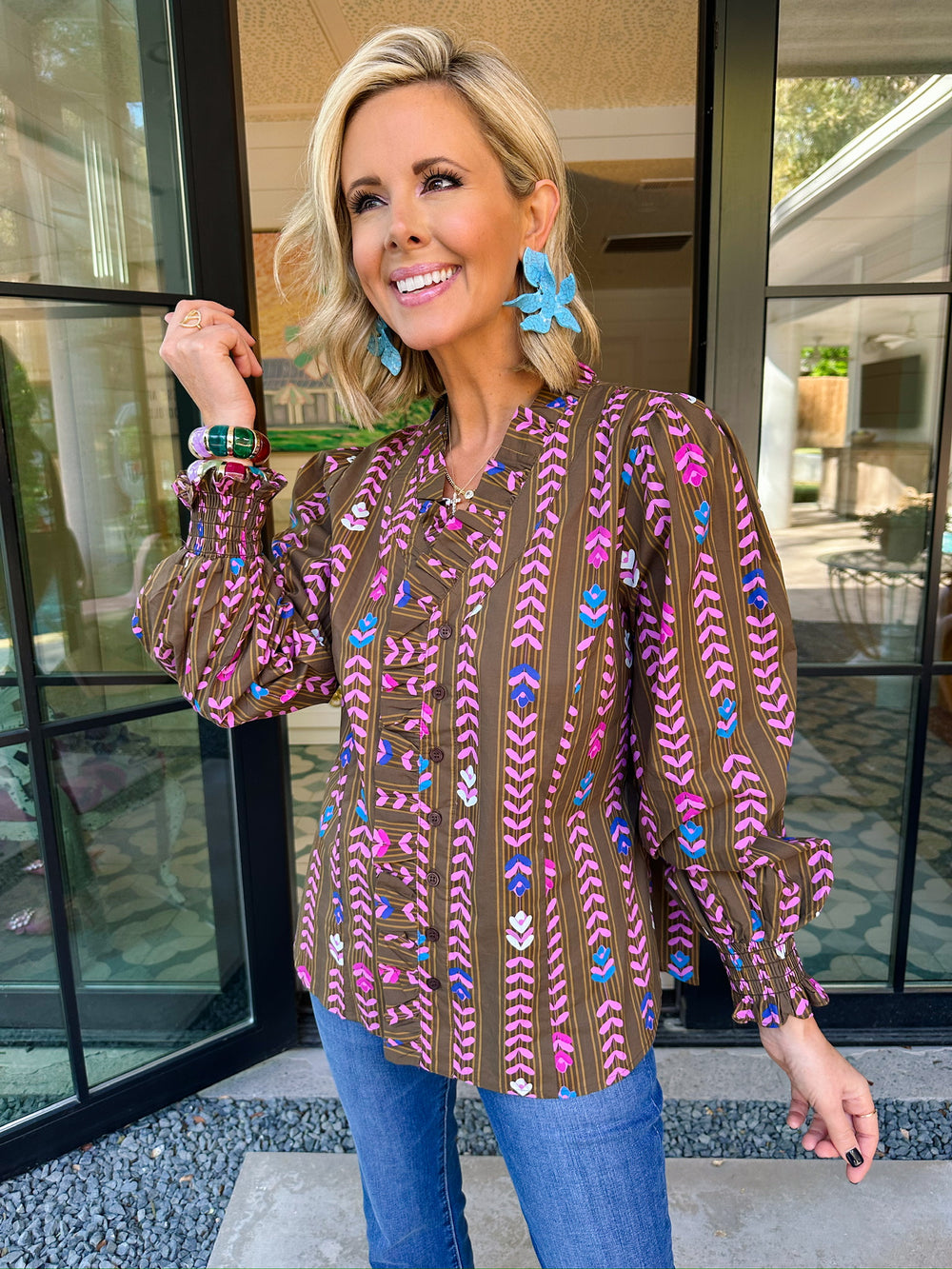 IN THE RIGHT DIRECTION FLORAL VINE LONG SLEEVE TOP - BROWN