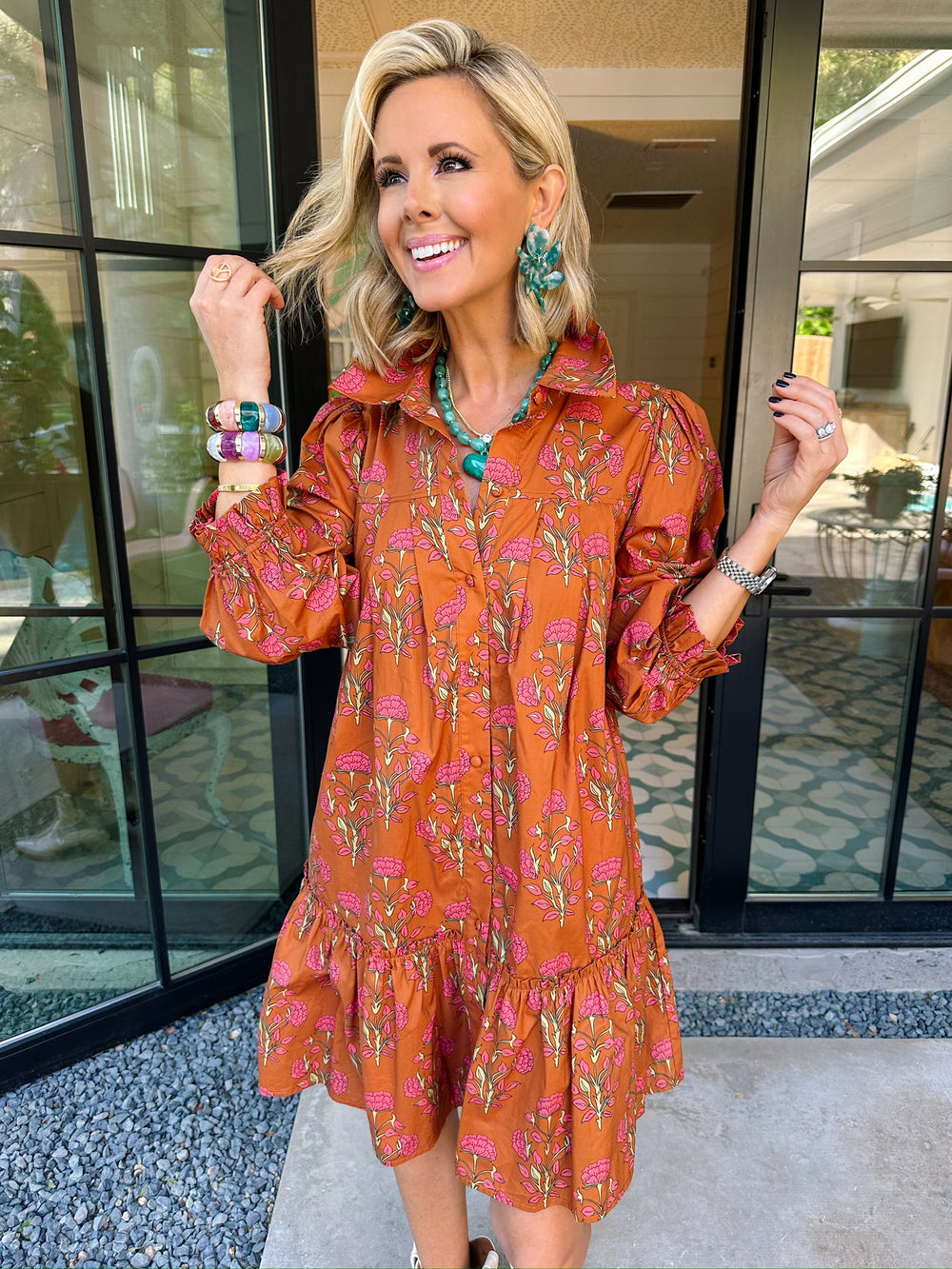 BEST BLOOM POSSIBLE BUTTON UP DRESS - BROWN