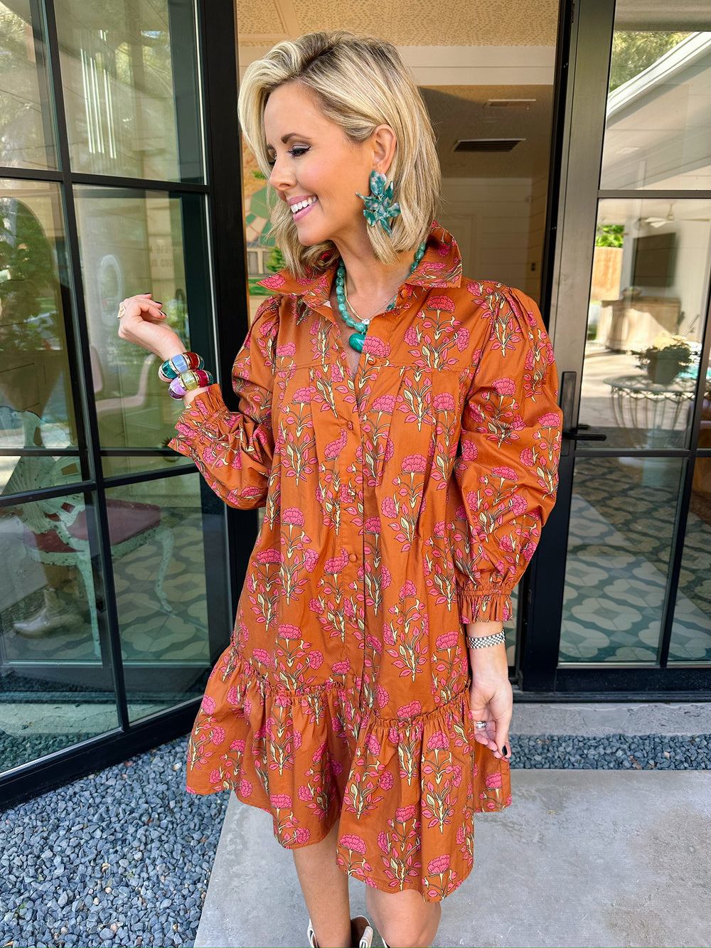 BEST BLOOM POSSIBLE BUTTON UP DRESS - BROWN