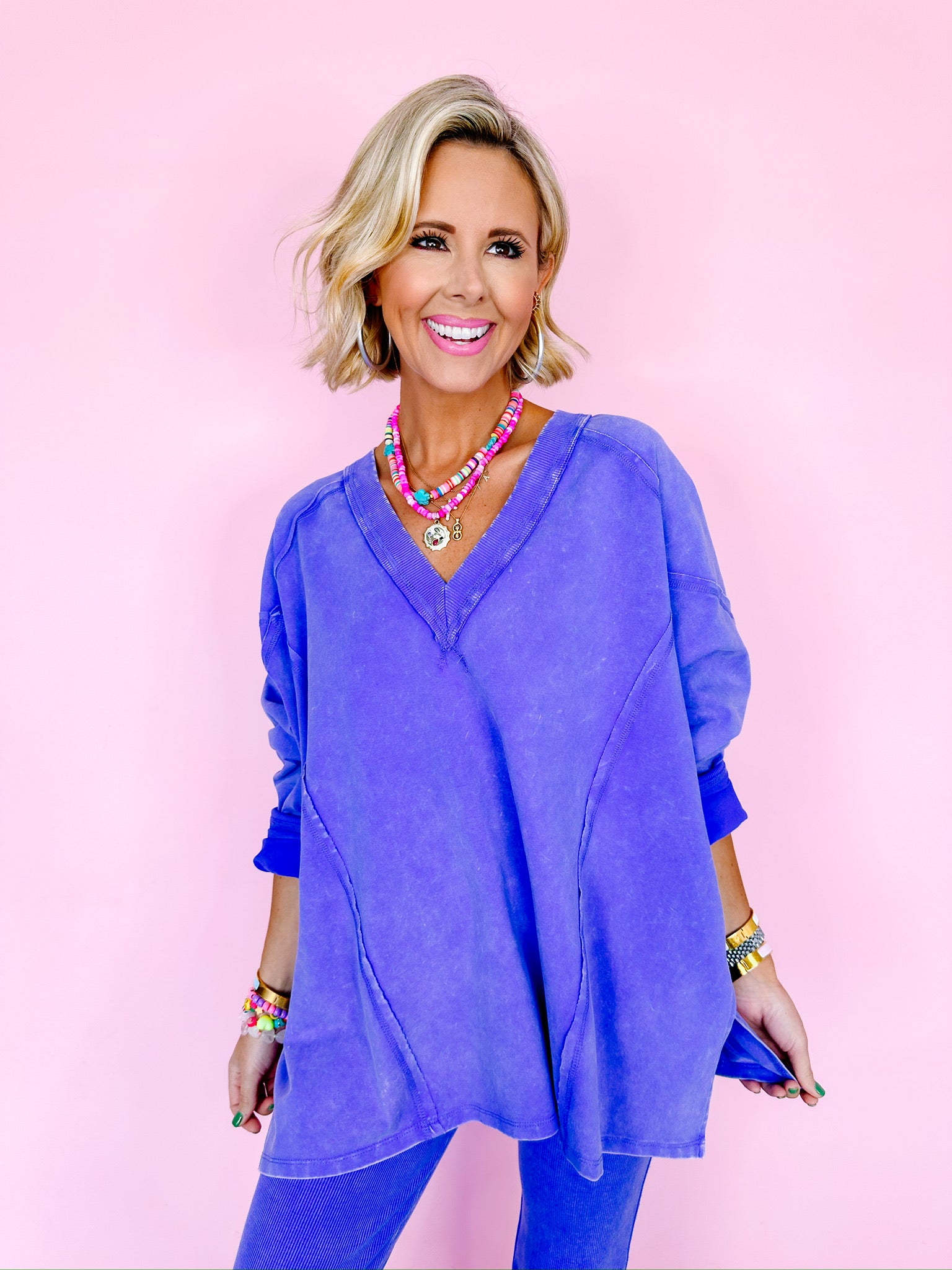 WITH EASE V-NECK LONG SLEEVE TOP - PERIWINKLE