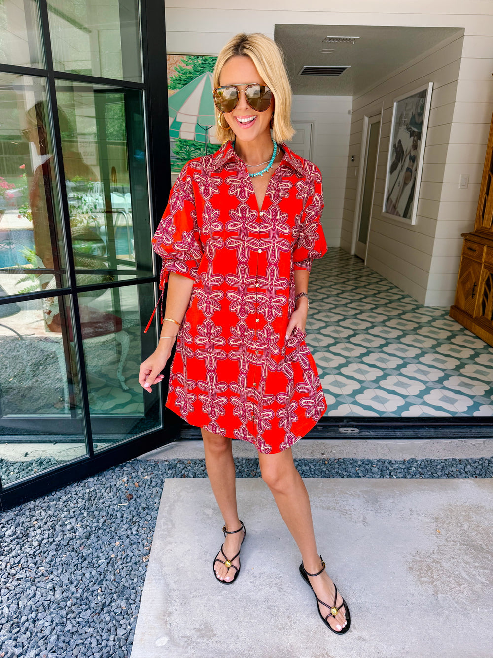 MAKE THE CONNECTION ABSTRACT FLORAL BUTTON UP DRESS - BRICK
