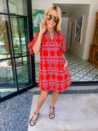 MAKE THE CONNECTION ABSTRACT FLORAL BUTTON UP DRESS - BRICK