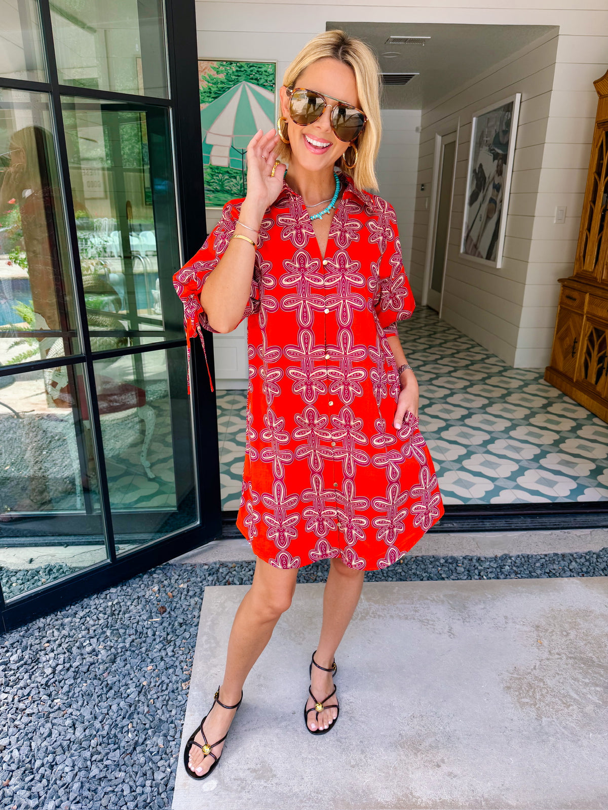 MAKE THE CONNECTION ABSTRACT FLORAL BUTTON UP DRESS - BRICK