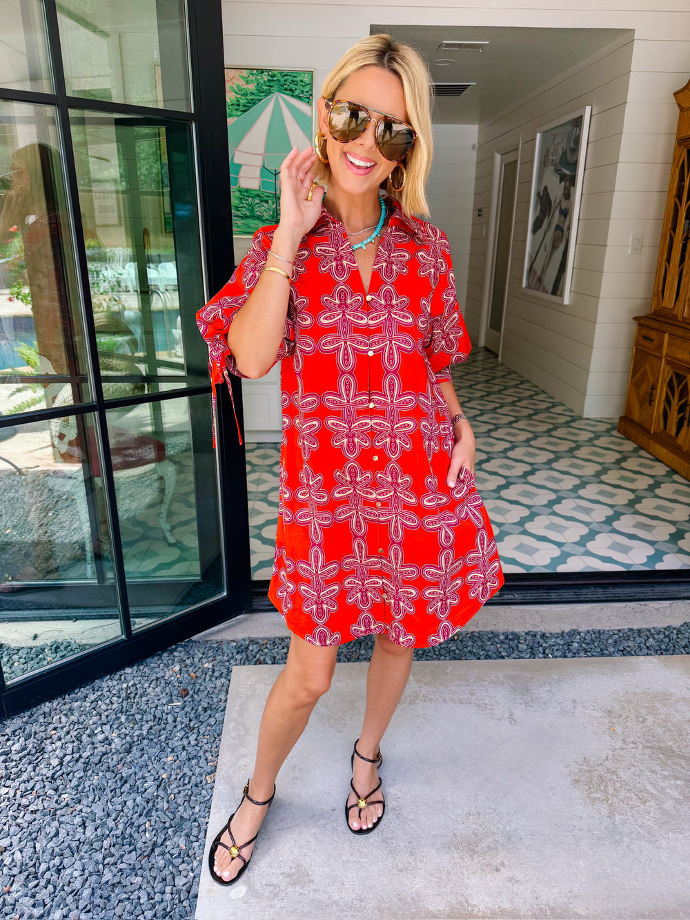MAKE THE CONNECTION ABSTRACT FLORAL BUTTON UP DRESS - BRICK
