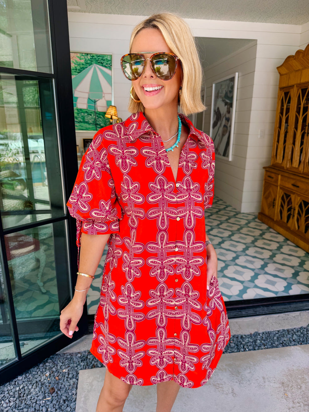 MAKE THE CONNECTION ABSTRACT FLORAL BUTTON UP DRESS - BRICK