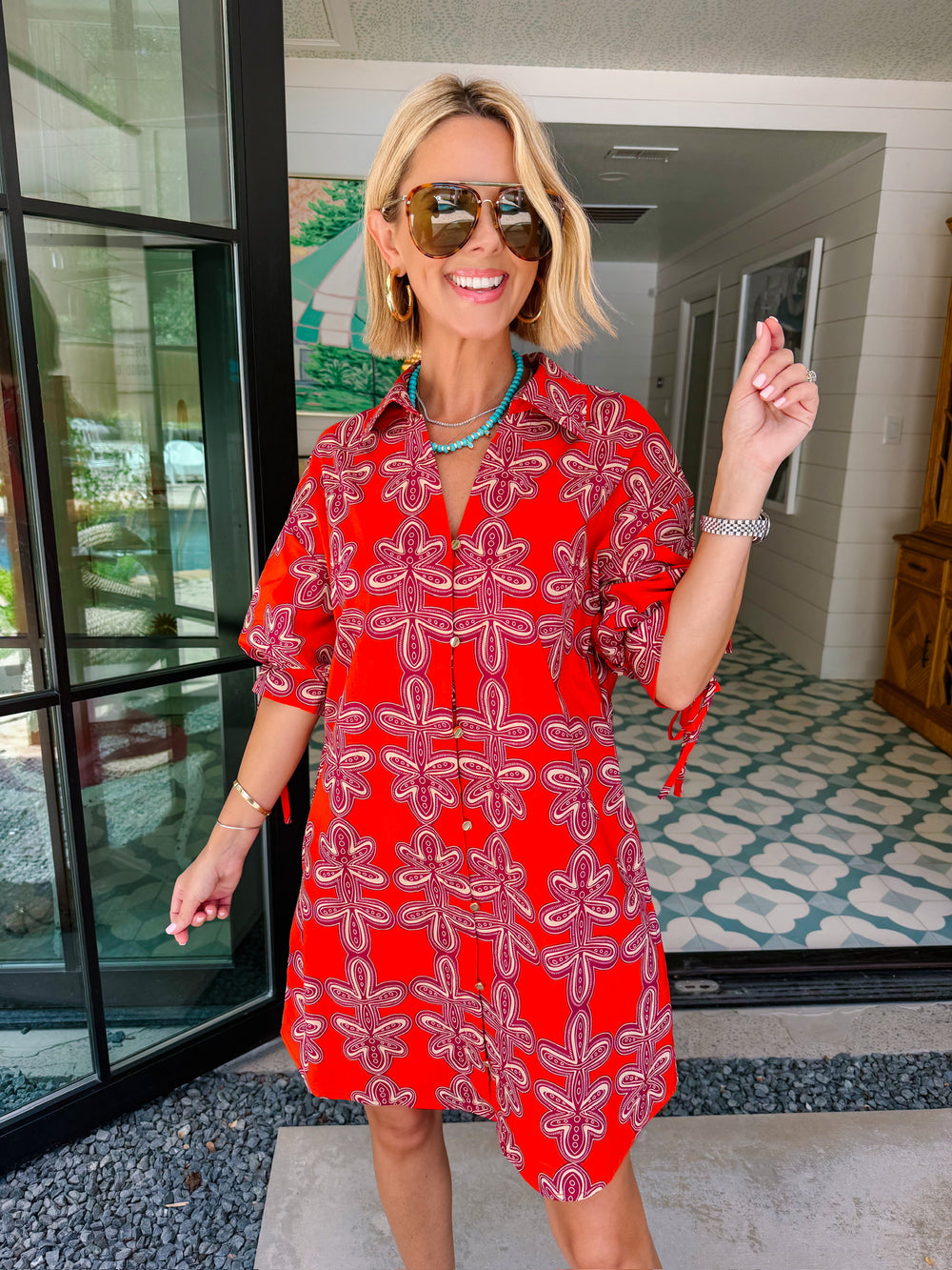 MAKE THE CONNECTION ABSTRACT FLORAL BUTTON UP DRESS - BRICK