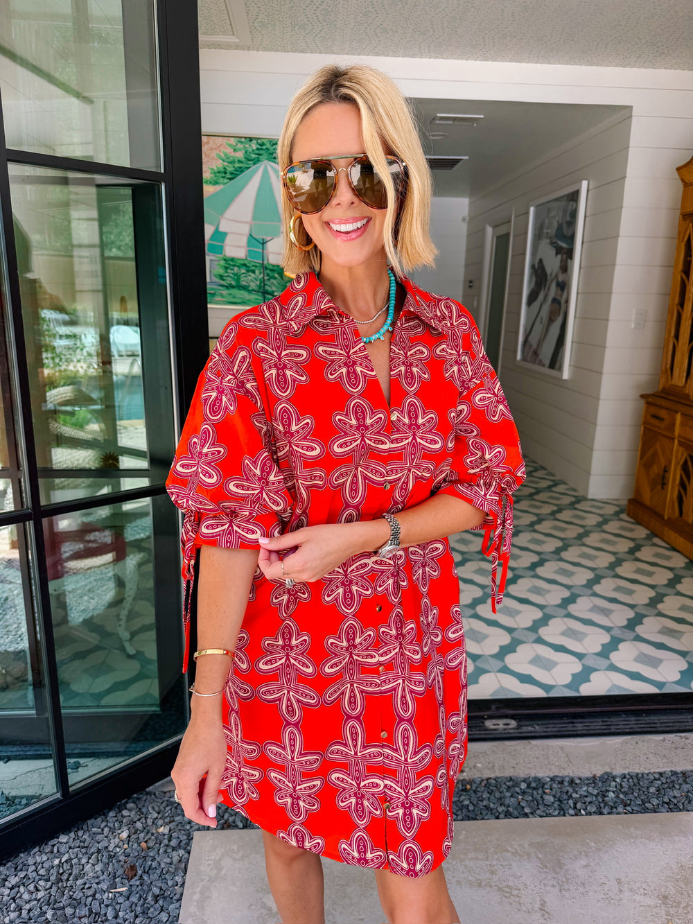MAKE THE CONNECTION ABSTRACT FLORAL BUTTON UP DRESS - BRICK
