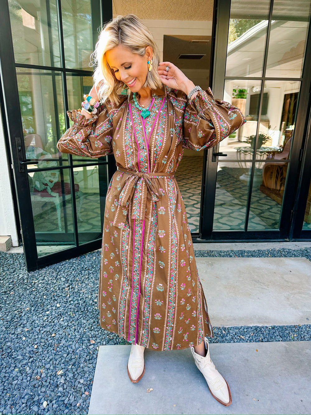 HAVE FAITH FLORAL VINES LONGSLEEVE MIDI DRESS - BROWN