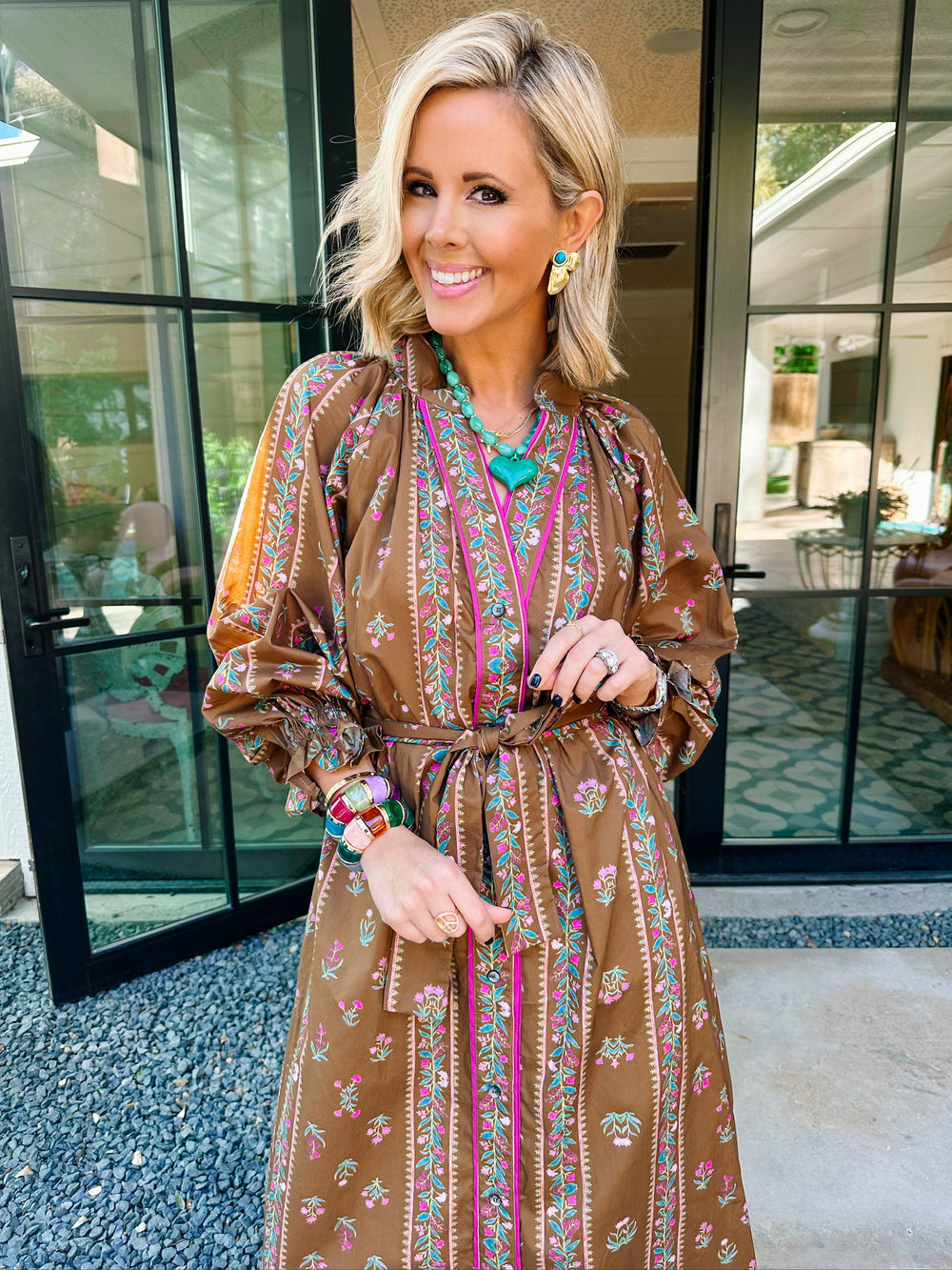 HAVE FAITH FLORAL VINES LONGSLEEVE MIDI DRESS - BROWN