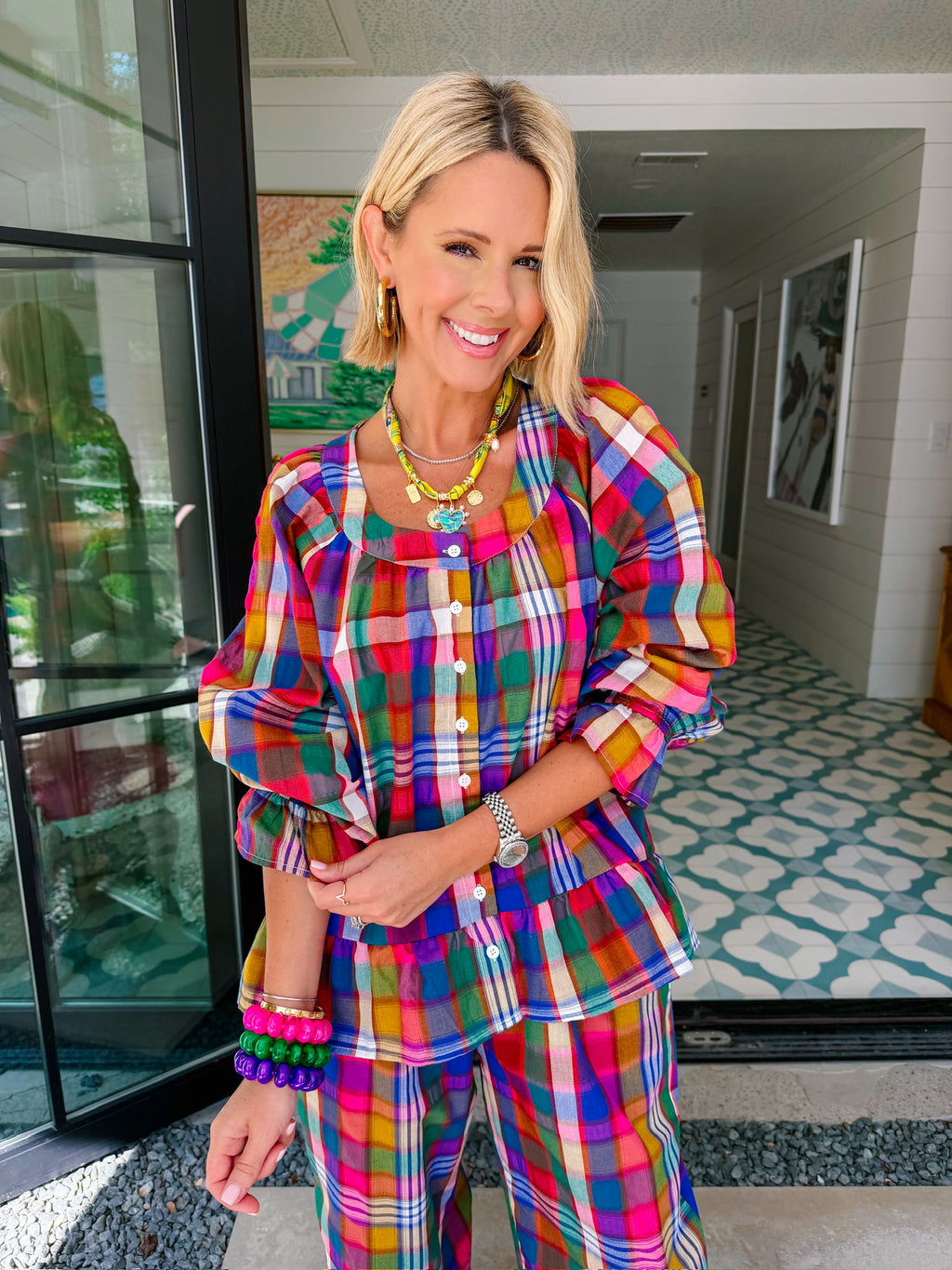 MAKE EVERY DAY COUNT PLAID PANT SET - PINK/NAVY