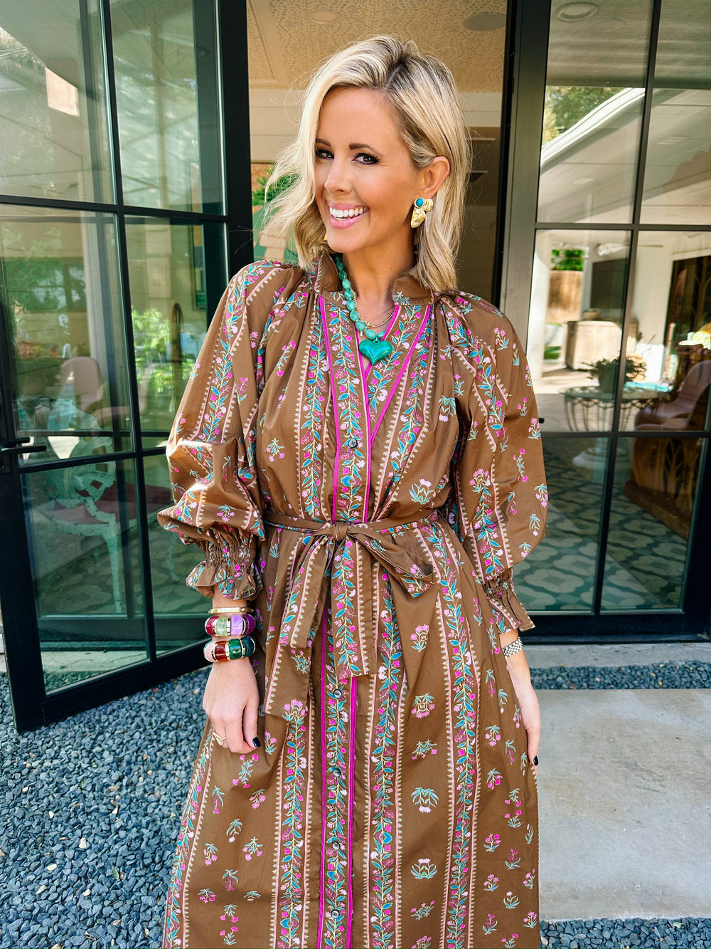 HAVE FAITH FLORAL VINES LONGSLEEVE MIDI DRESS - BROWN