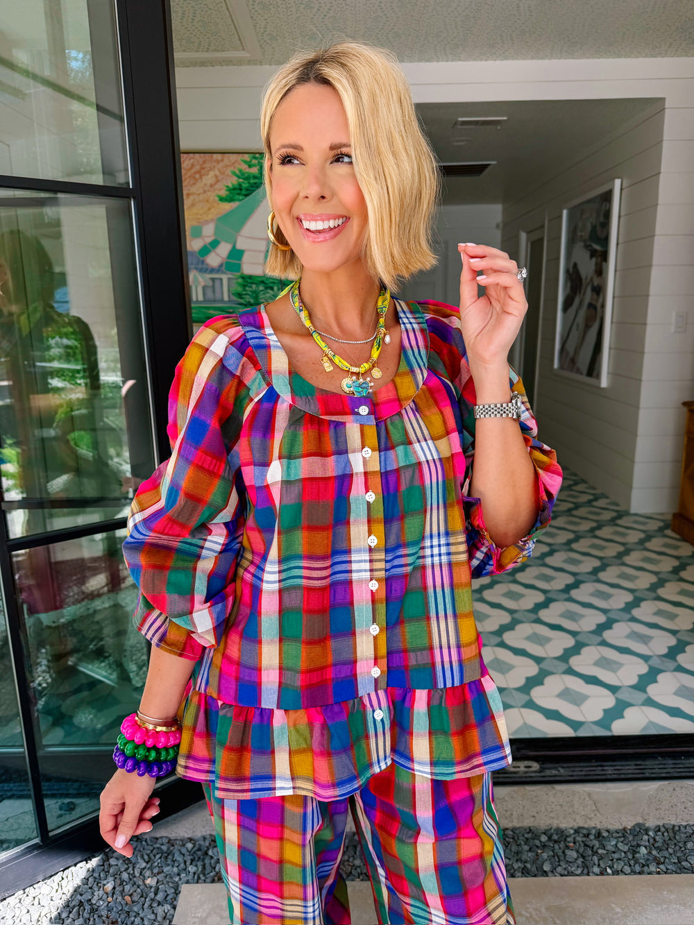 MAKE EVERY DAY COUNT PLAID PANT SET - PINK/NAVY
