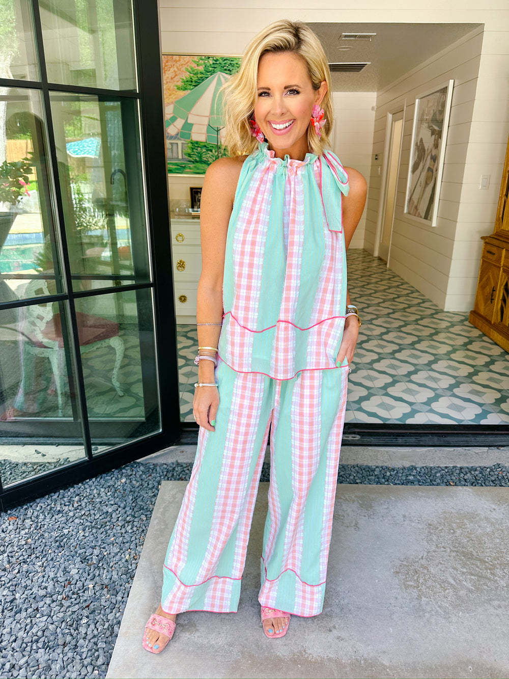 WHAT A LOVELY THOUGHT PLAID PANT SET - PINK/MINT