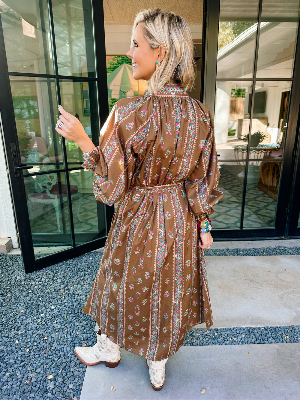 HAVE FAITH FLORAL VINES LONGSLEEVE MIDI DRESS - BROWN
