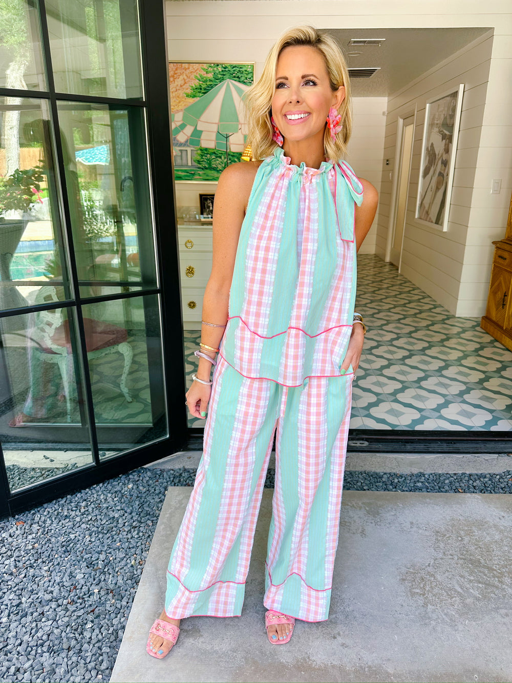WHAT A LOVELY THOUGHT PLAID PANT SET - PINK/MINT