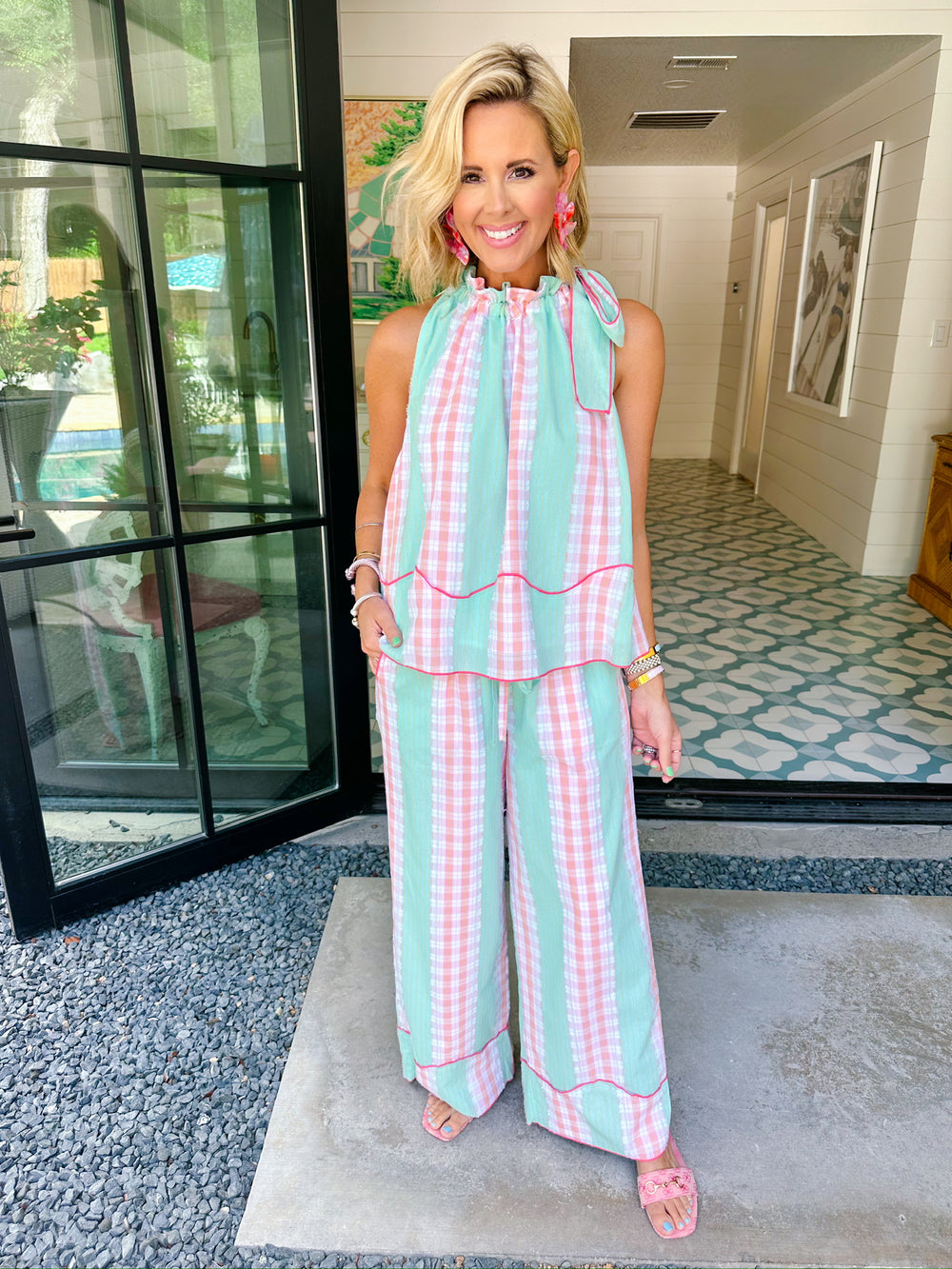 WHAT A LOVELY THOUGHT PLAID PANT SET - PINK/MINT