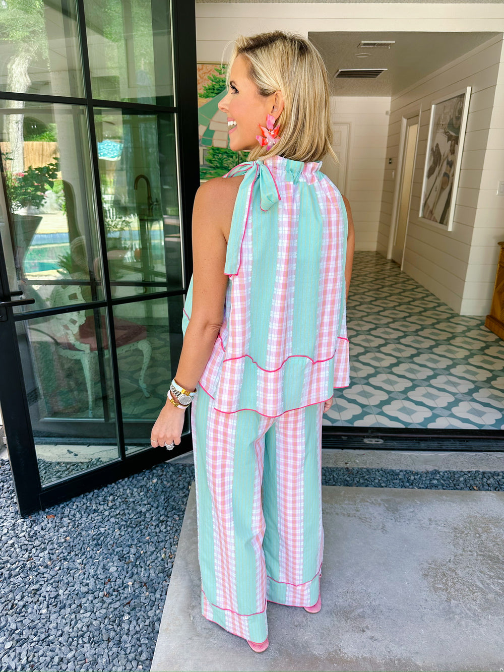 WHAT A LOVELY THOUGHT PLAID PANT SET - PINK/MINT