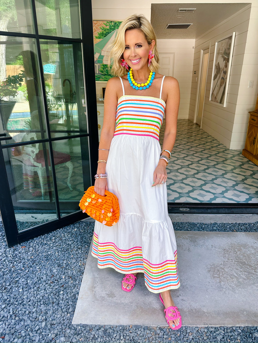 CRUSHING ON COLOR STRIPE TRIM MIDI DRESS - WHITE