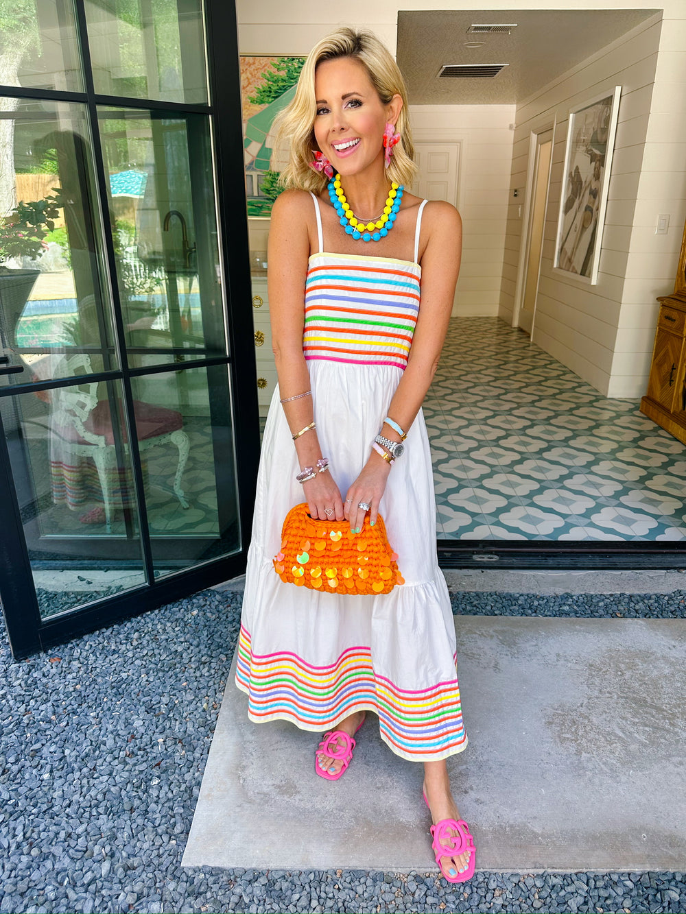 CRUSHING ON COLOR STRIPE TRIM MIDI DRESS - WHITE