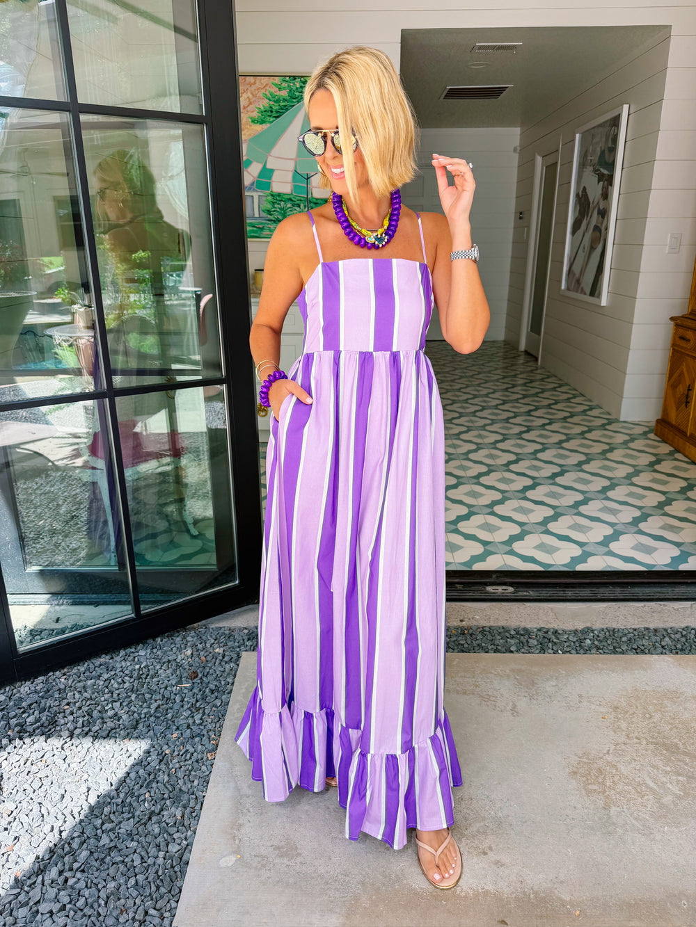 FIND YOUR WAY BOLD STRIPE MIDI DRESS - PURPLE