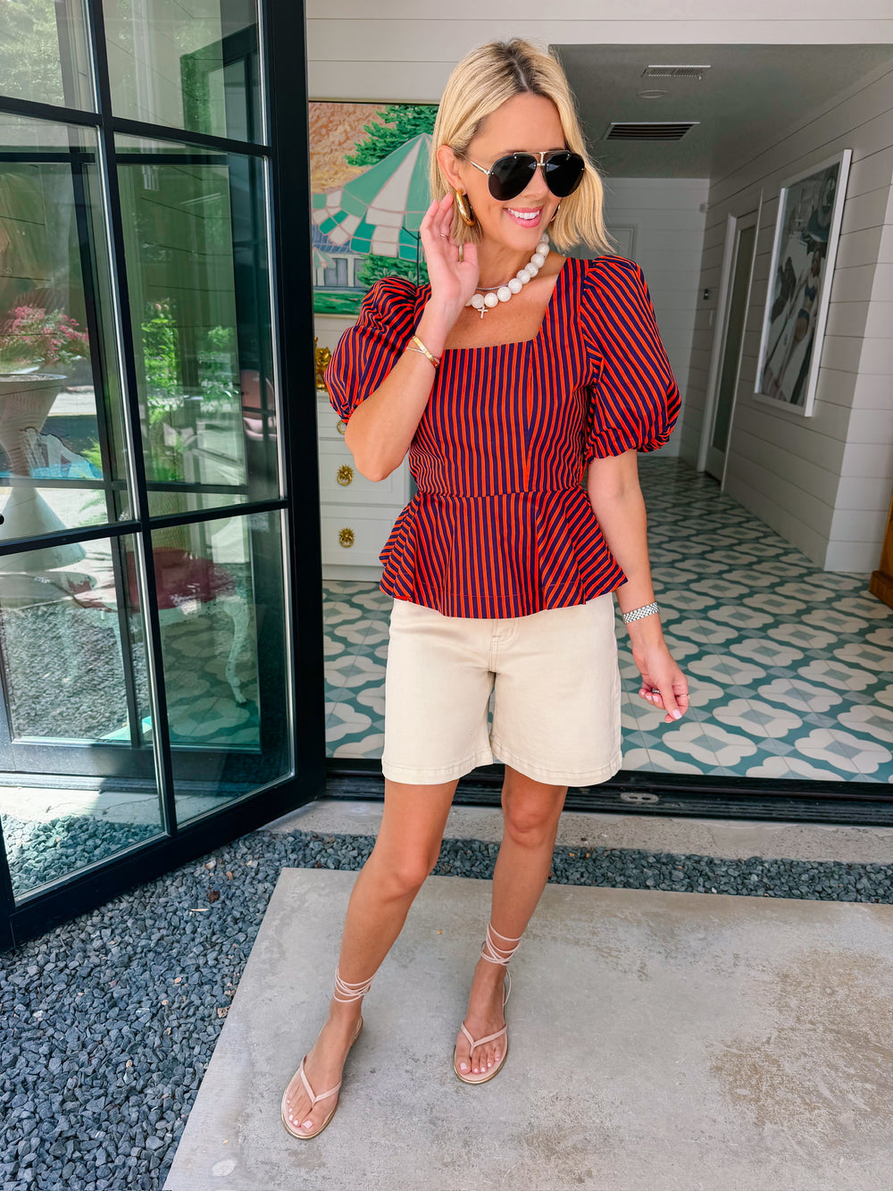 TAKE IN THE MOMENT STRIPE PEPLUM TOP - RED/NAVY