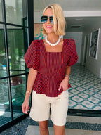 TAKE IN THE MOMENT STRIPE PEPLUM TOP - RED/NAVY