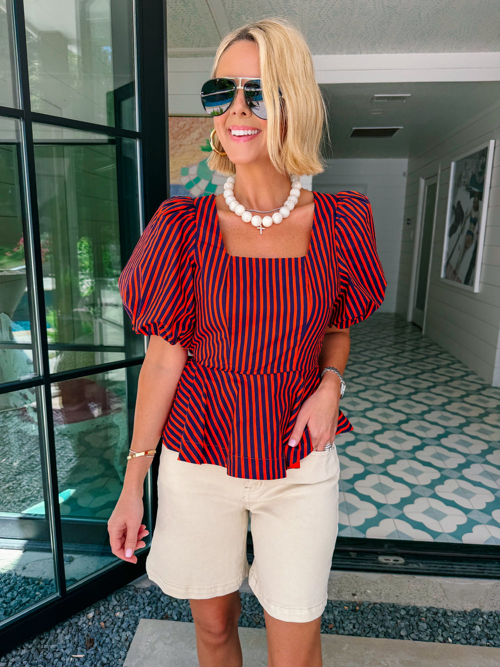 TAKE IN THE MOMENT STRIPE PEPLUM TOP - RED/NAVY