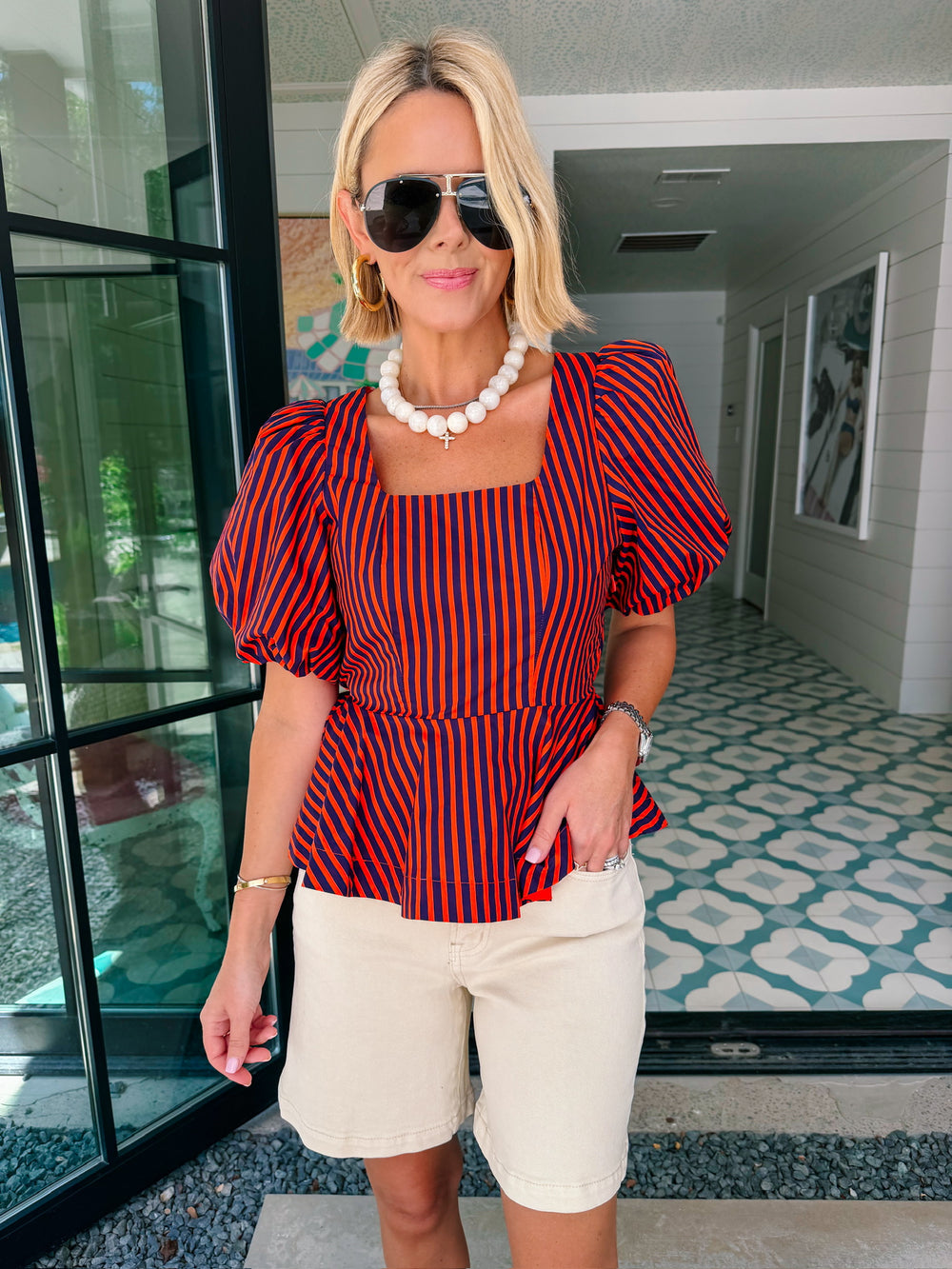 TAKE IN THE MOMENT STRIPE PEPLUM TOP - RED/NAVY