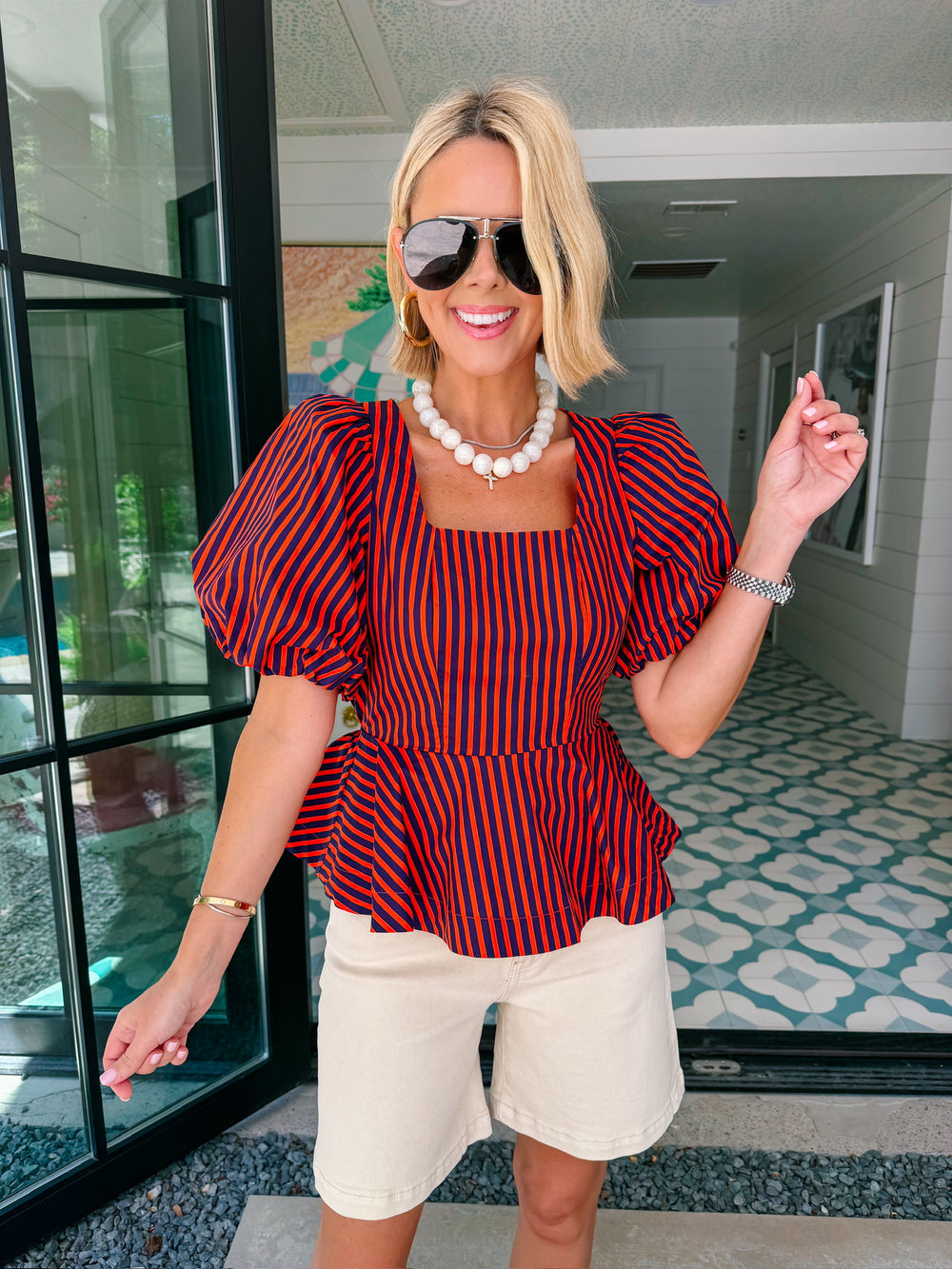 TAKE IN THE MOMENT STRIPE PEPLUM TOP - RED/NAVY