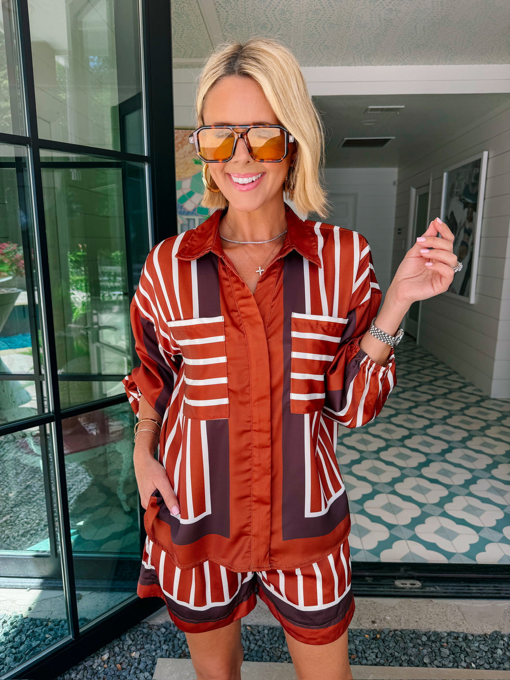 CALL IT FATE STRIPE SHORT SET - RUST BROWN