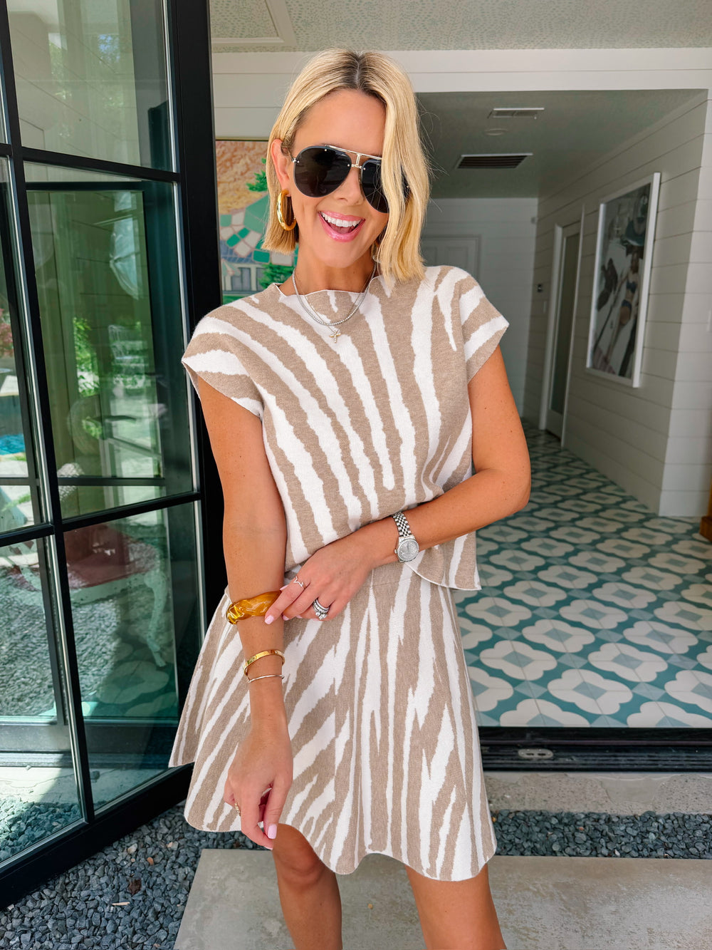 TAKE THE WILD ROUTE ZEBRA SKIRT SET - IVORY/TAN