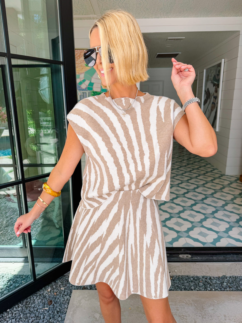TAKE THE WILD ROUTE ZEBRA SKIRT SET - IVORY/TAN