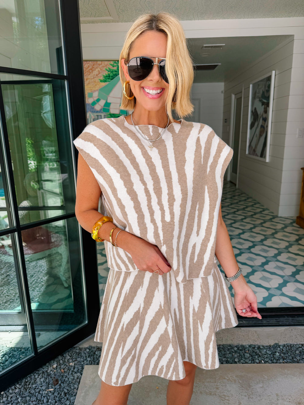 TAKE THE WILD ROUTE ZEBRA SKIRT SET - IVORY/TAN