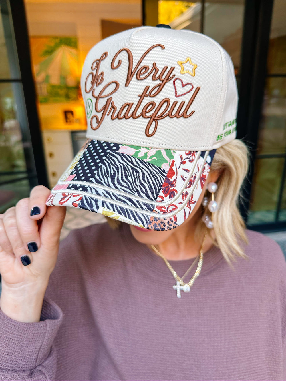 SO VERY GRATEFUL PATTERN PLAY CANVAS TRUCKER HAT