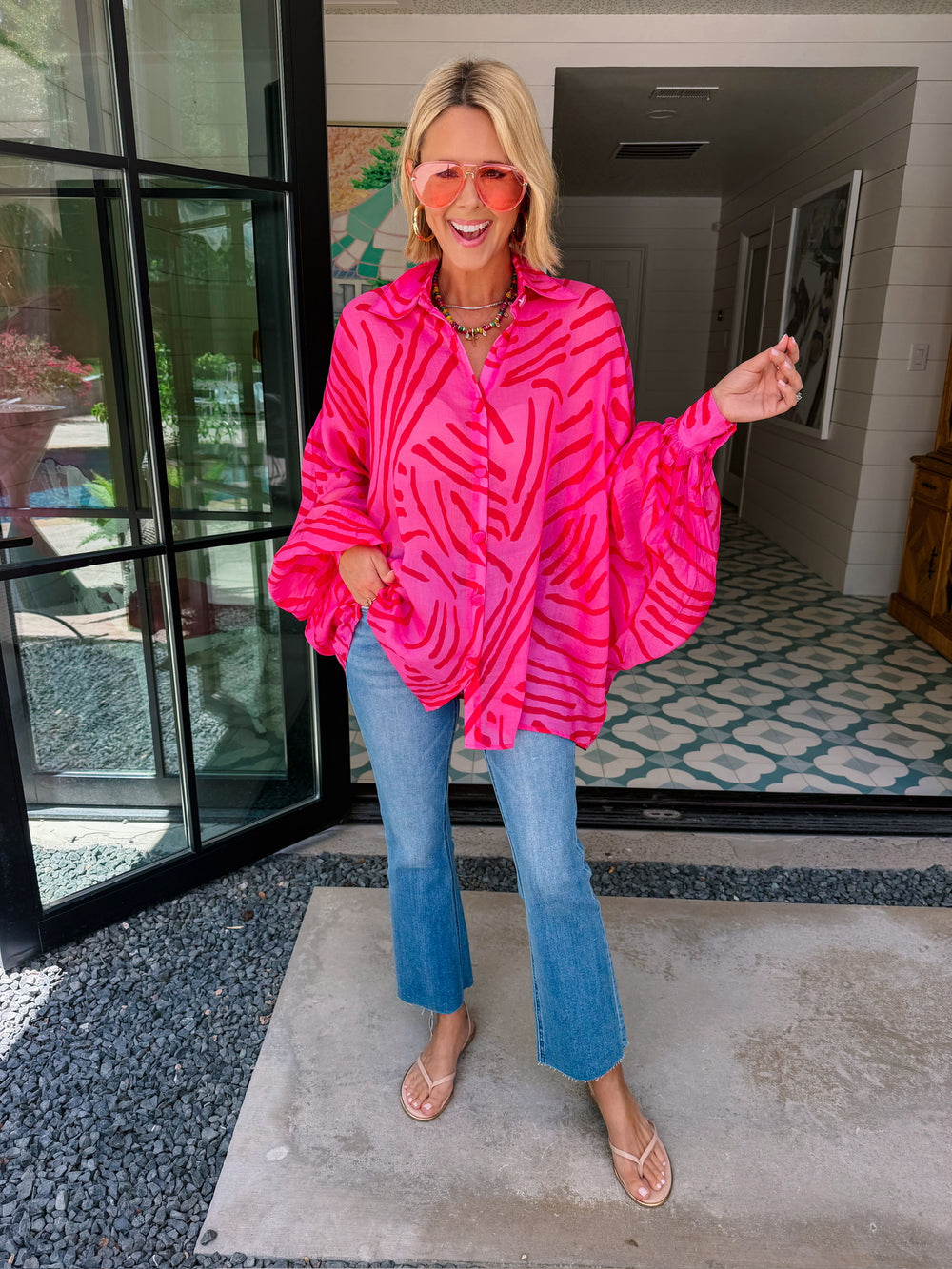 PRETTY WILD ZEBRA BUTTON UP TOP - FUCHSIA