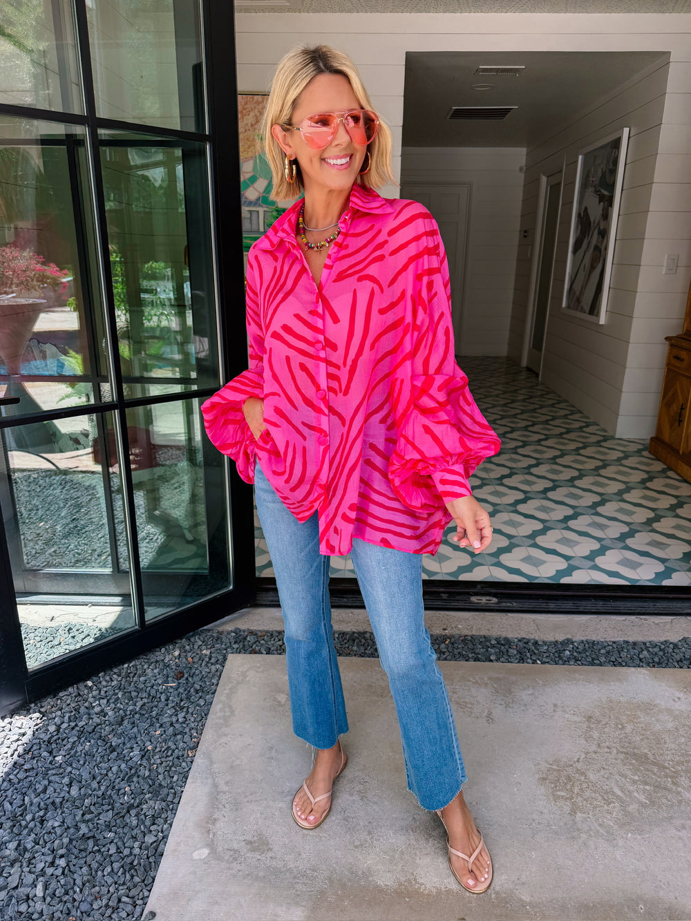 PRETTY WILD ZEBRA BUTTON UP TOP - FUCHSIA