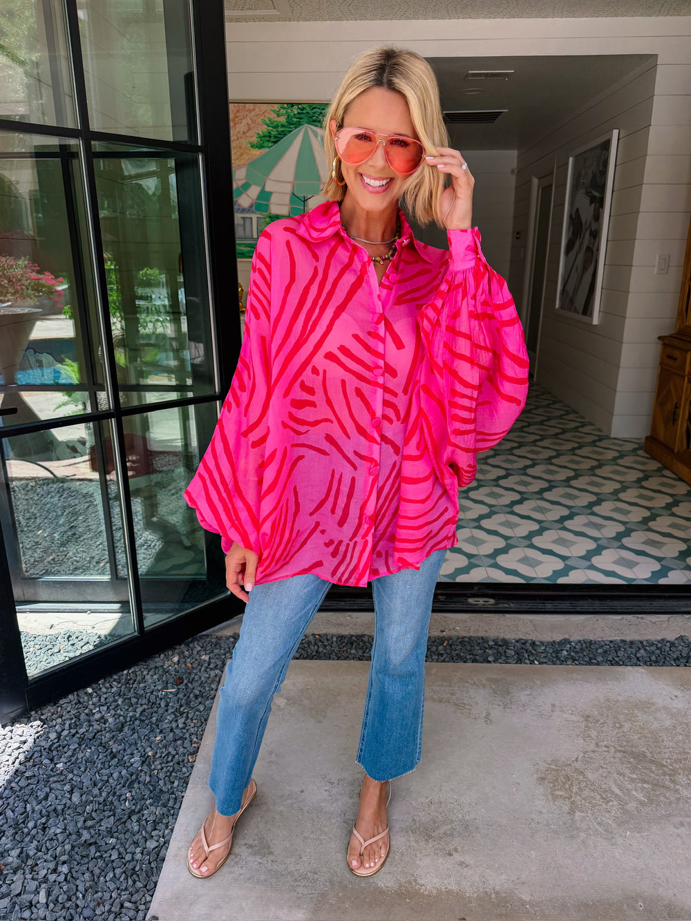 PRETTY WILD ZEBRA BUTTON UP TOP - FUCHSIA