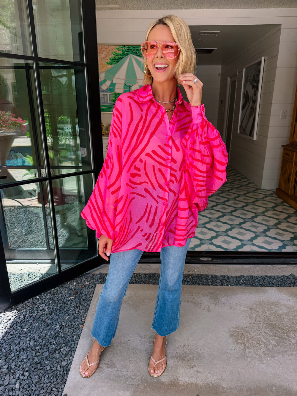 PRETTY WILD ZEBRA BUTTON UP TOP - FUCHSIA